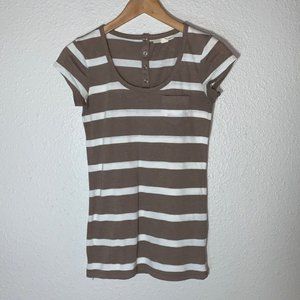 Derek Heart striped short sleeved tshirt snap up back Sz S fitted linen blend